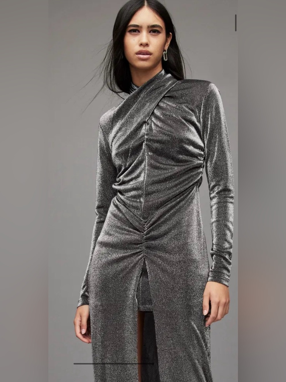 All Saints Silver Metallic Ayla High Neck Maxi Modern Party Dress 6 - Picture 3 of 14